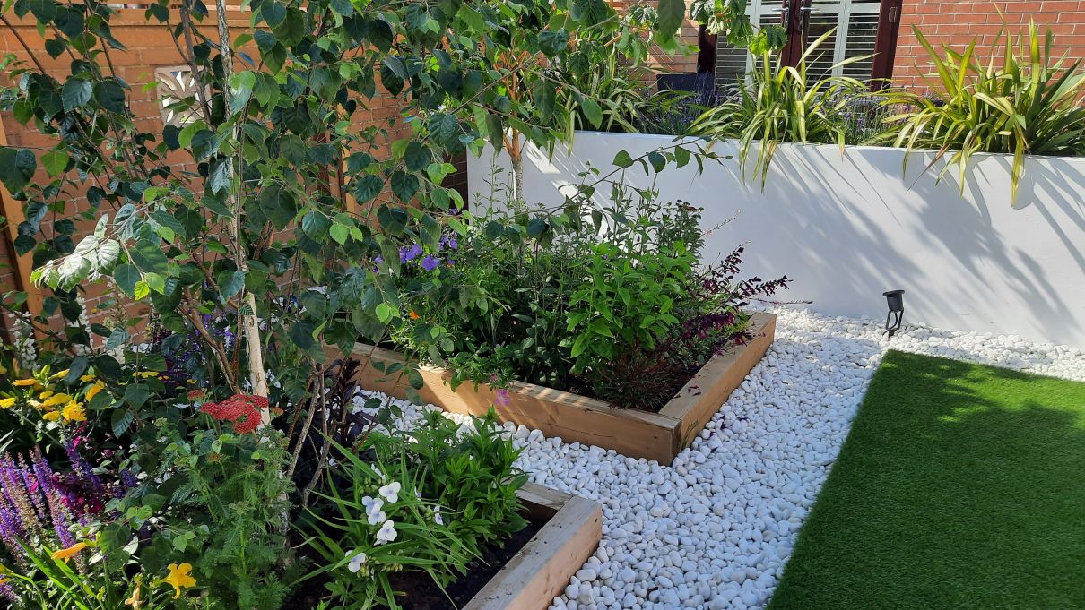 White pebbles used for garden border around planting areas